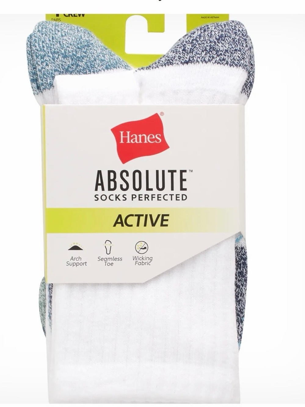 New Hanes White Crew Athletic Socks with Blue and Gray Accents. Boys size 3-9.